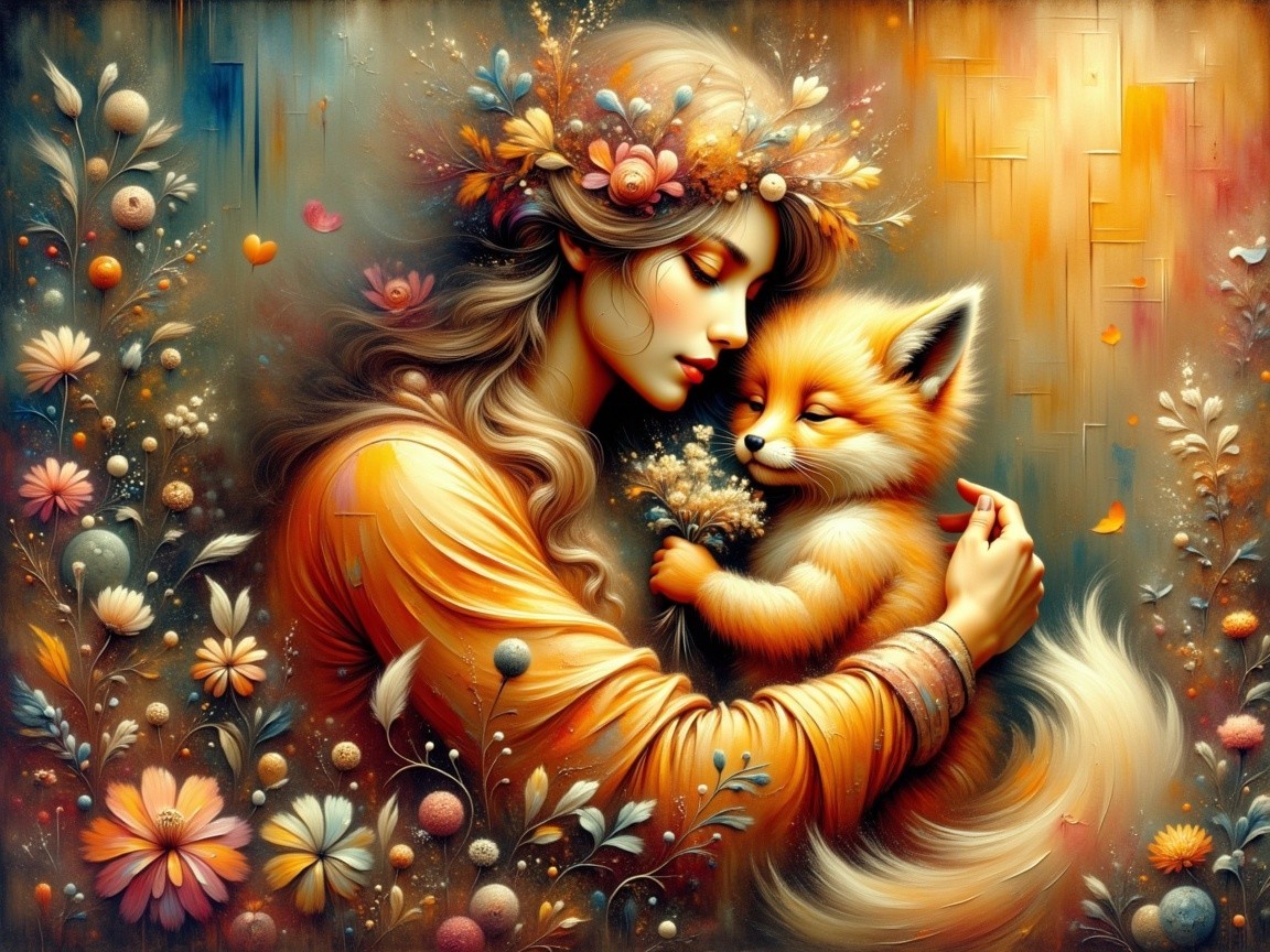Whimsical Scene of Woman and Fox in Colorful Flowers