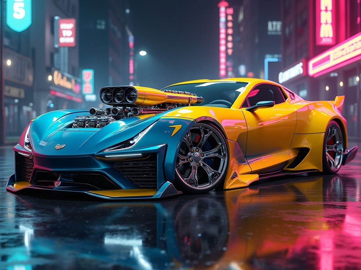 Vibrant Custom Sports Car in Neon Urban Setting