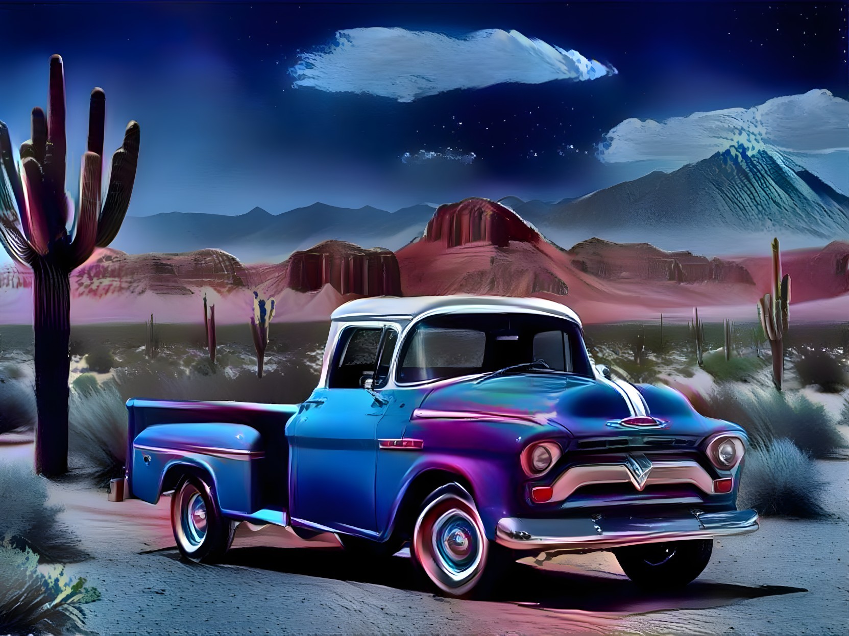 Vintage Pickup Truck in Desert Landscape at Sunset