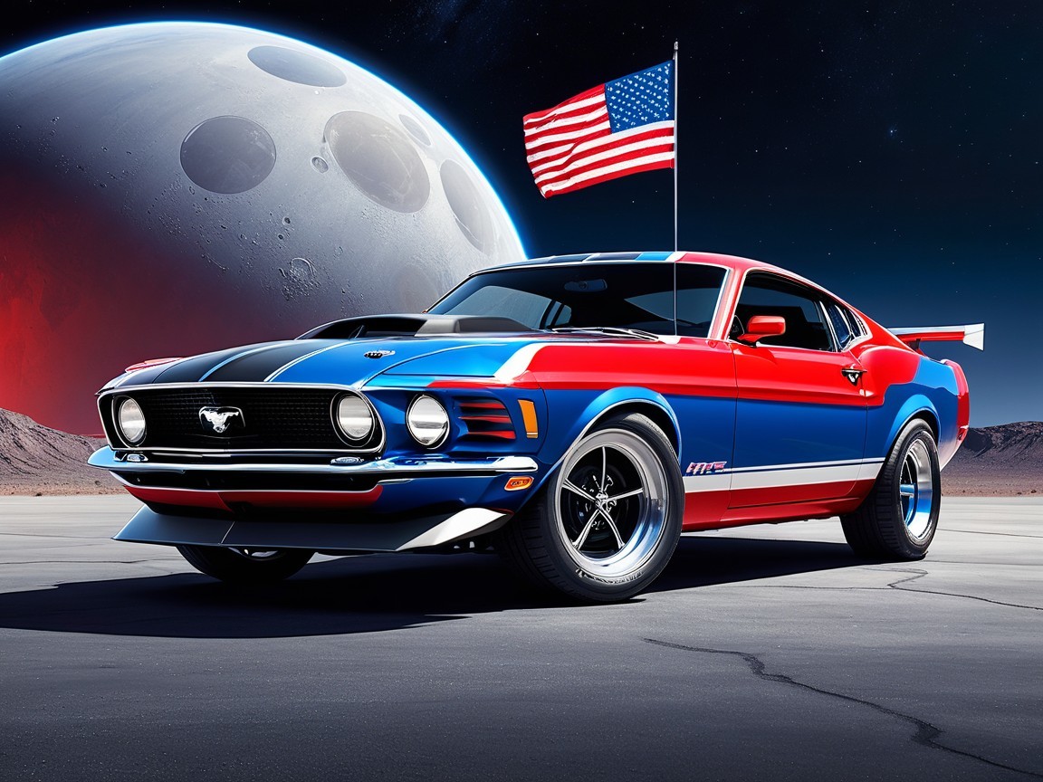 1970s Muscle Car on Lunar Surface with Colorful Moon