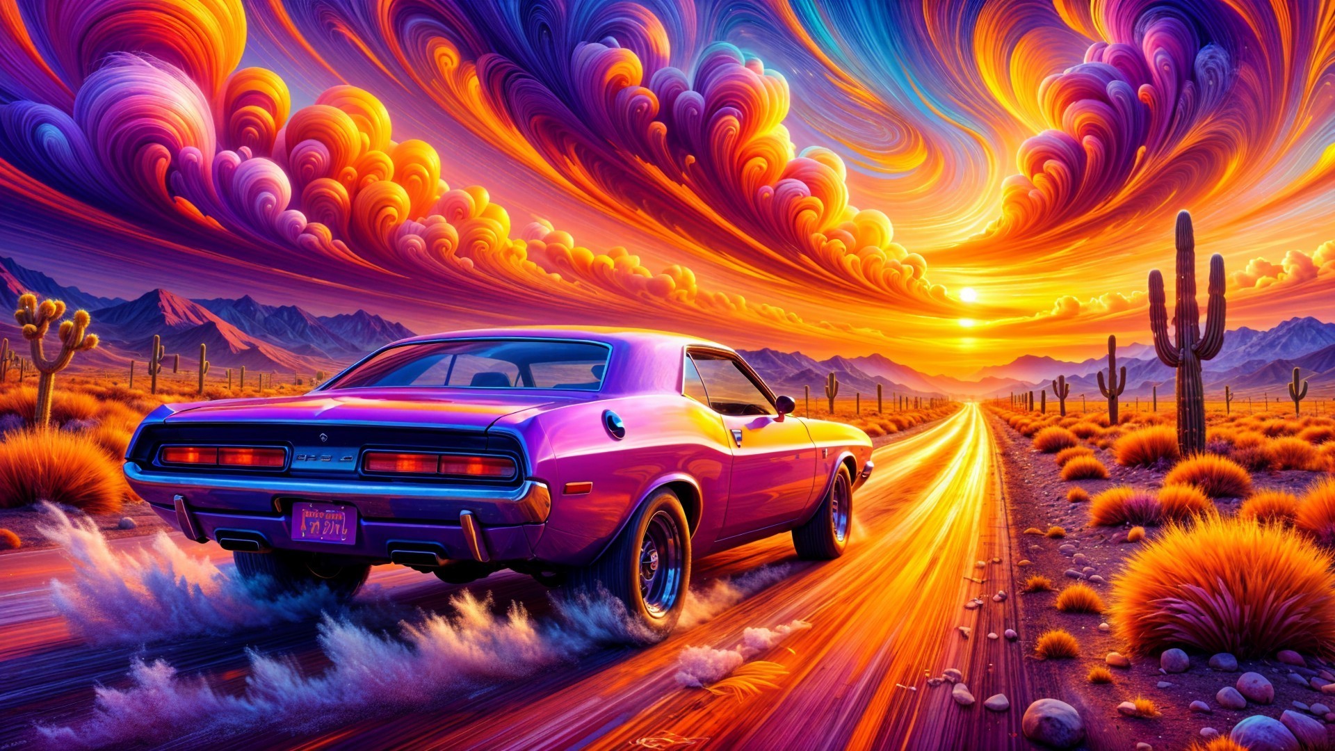 Vibrant Purple Muscle Car on Desert Road at Sunset