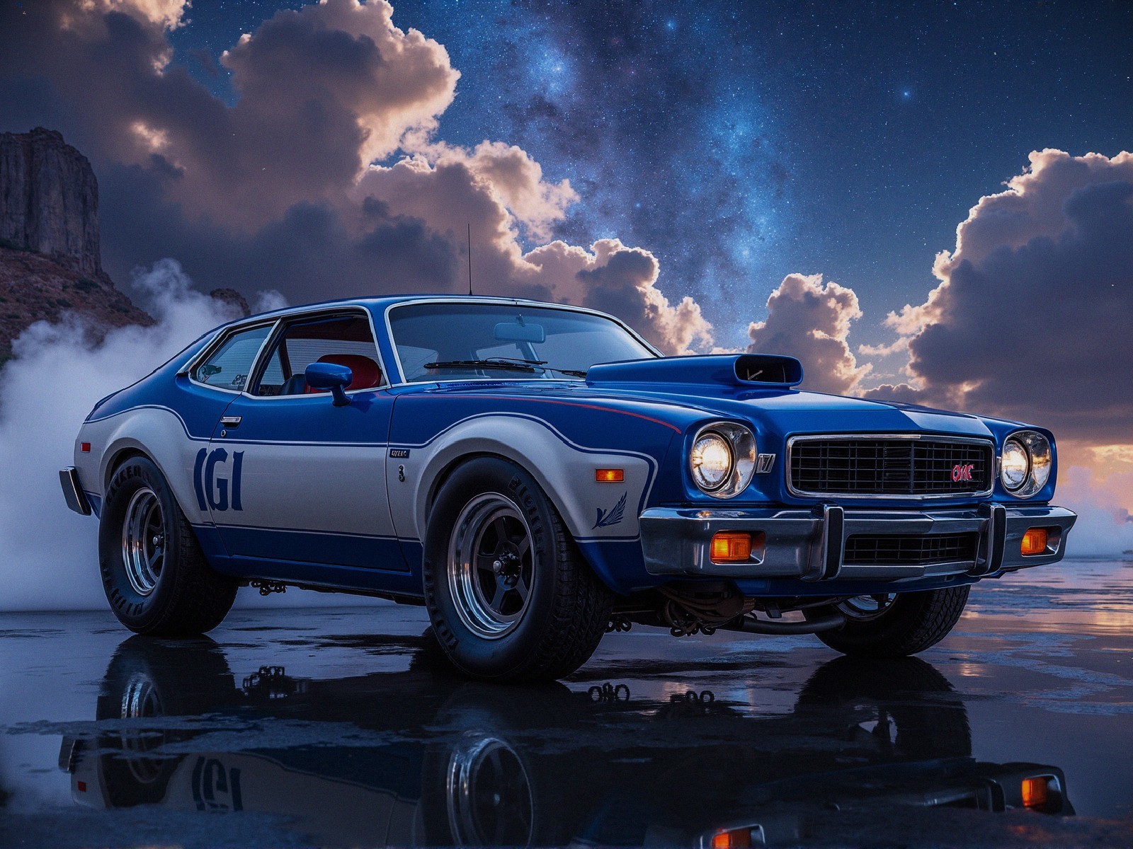 Vintage Blue and White Muscle Car Against Dramatic Sky