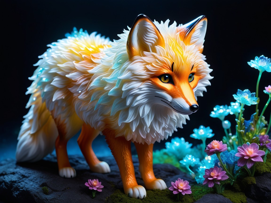 Figurine of a fox surrounded by vibrant flowers