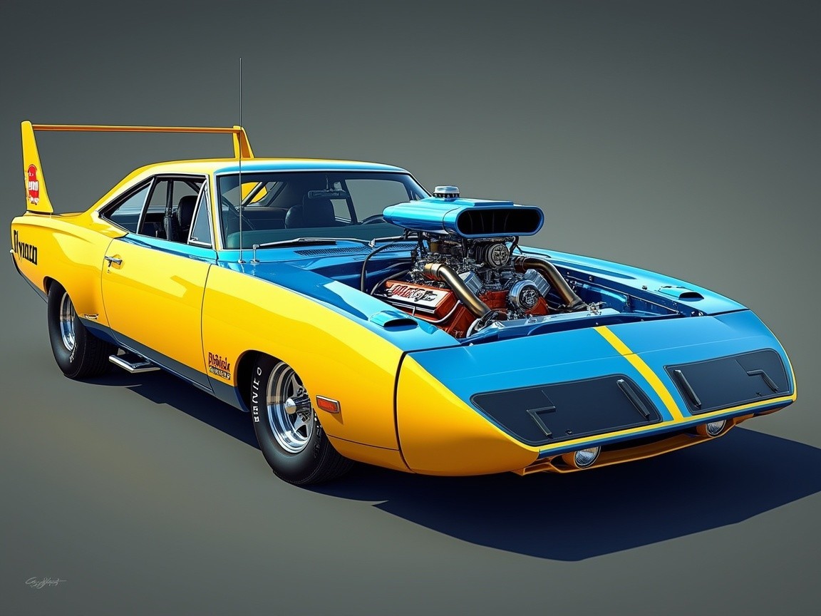 Classic Muscle Car with Blue and Yellow Paint Job
