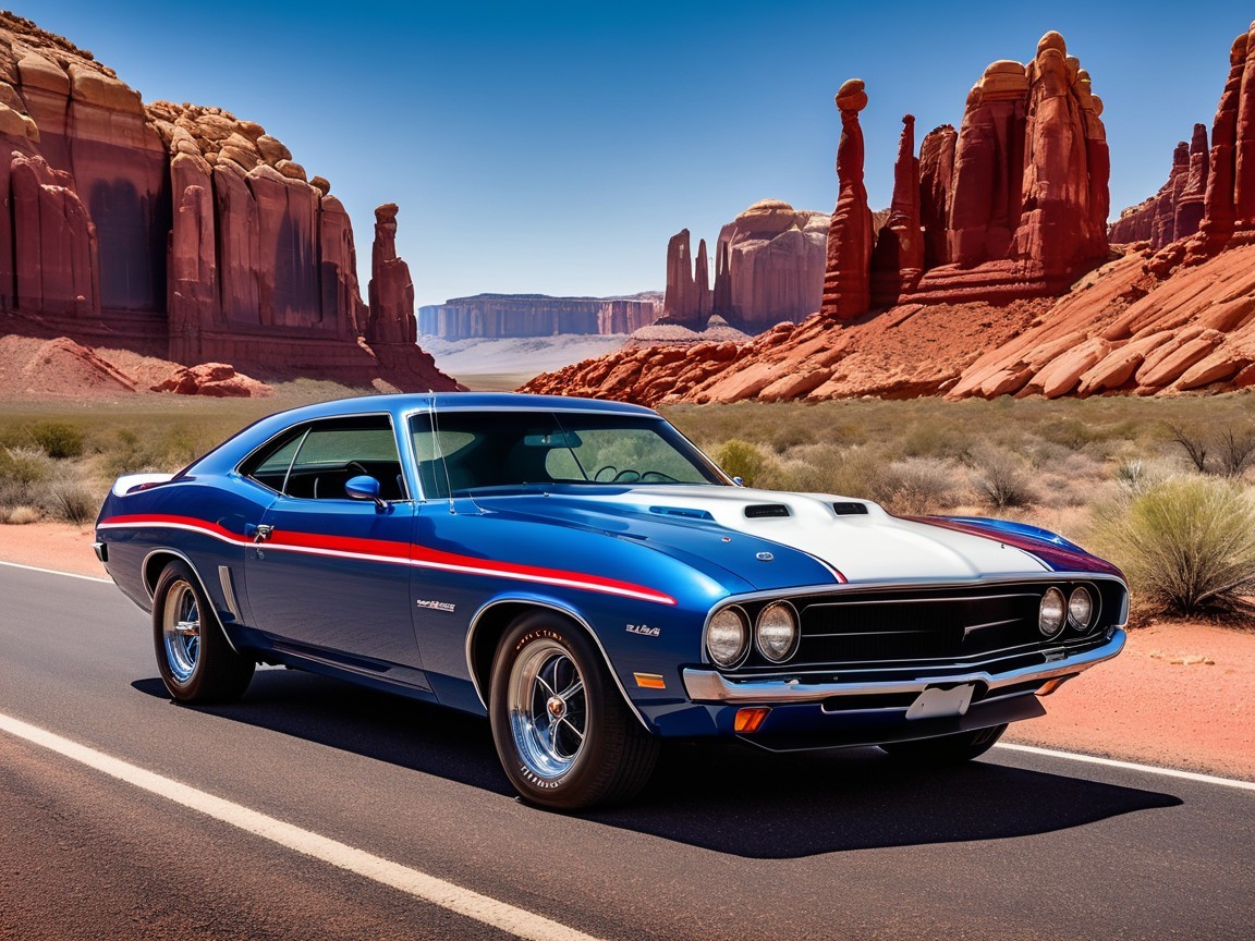 Blue Muscle Car with Red and White Racing Stripes