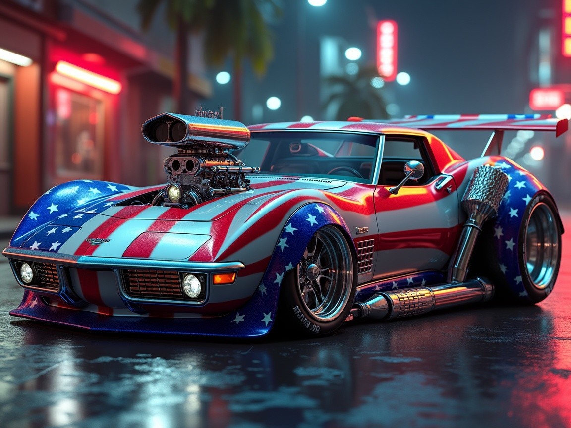 Modified 1970s Sports Car with American Flag Motif