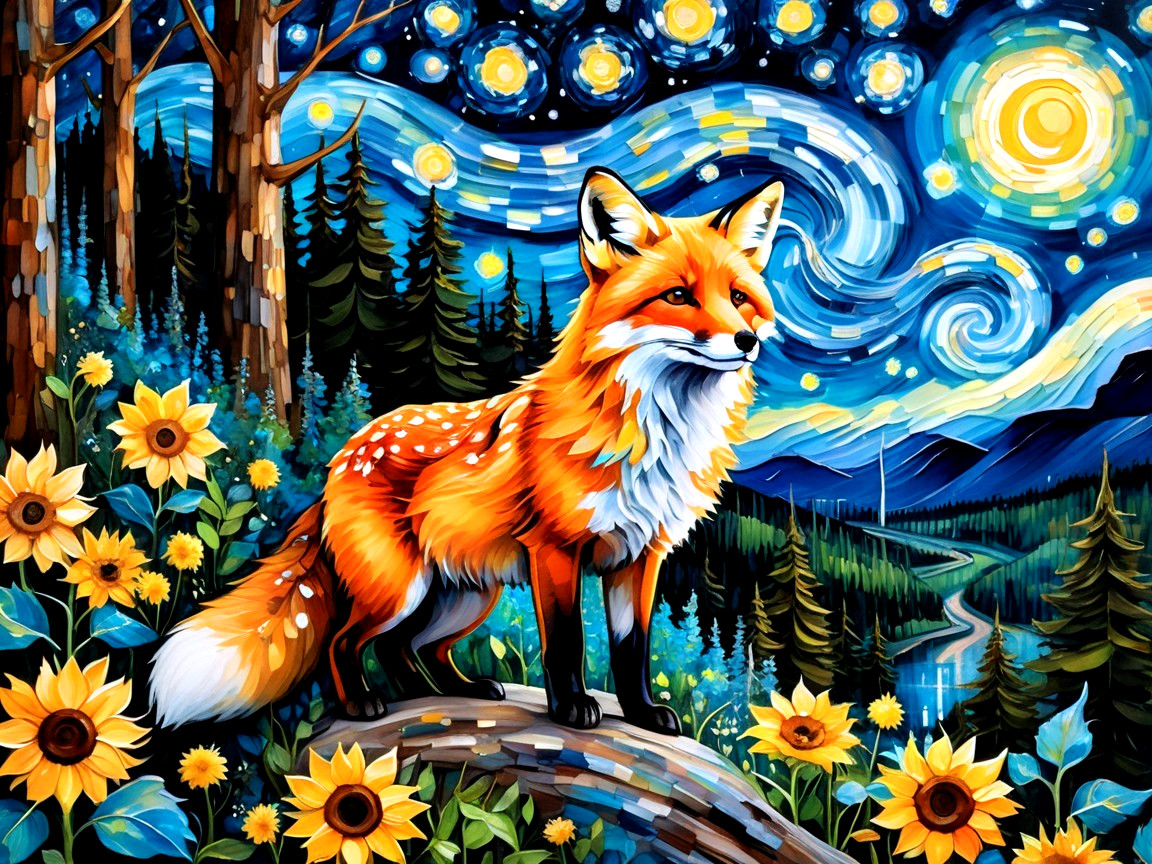 Digital Painting of an Orange Fox in a Forest Scene