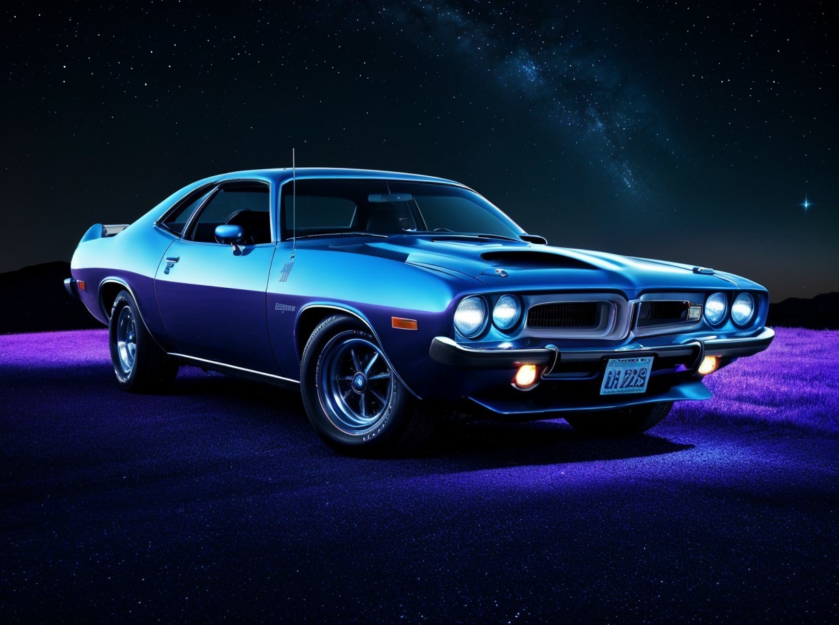 Vintage Muscle Car Under Starry Night Sky