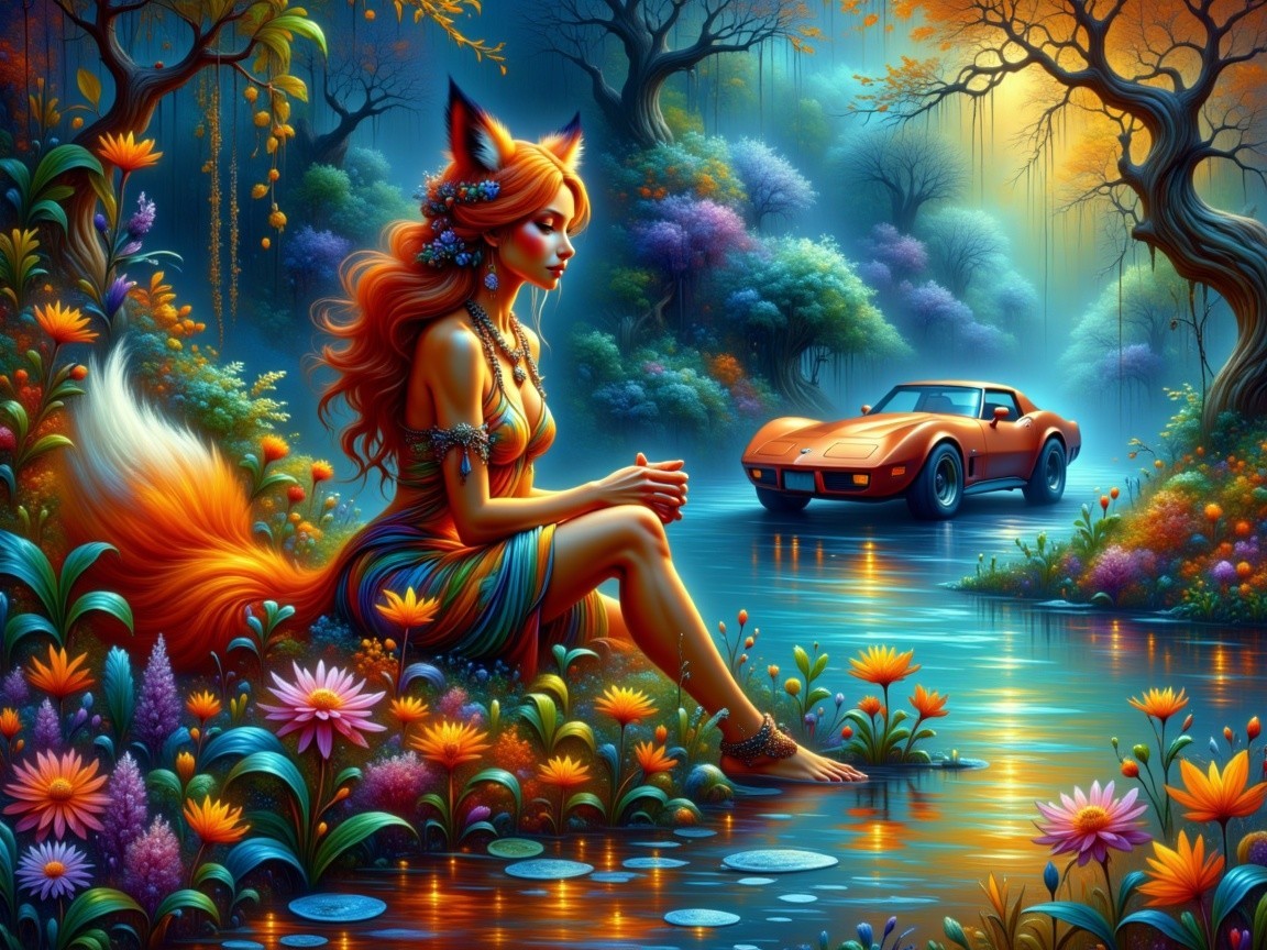 Fantastical Woman with Fox Ears by a Flower Pond