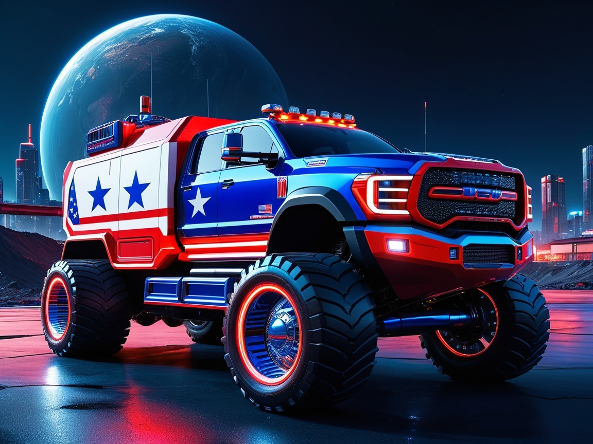 Futuristic Custom Monster Truck with Patriotic Colors