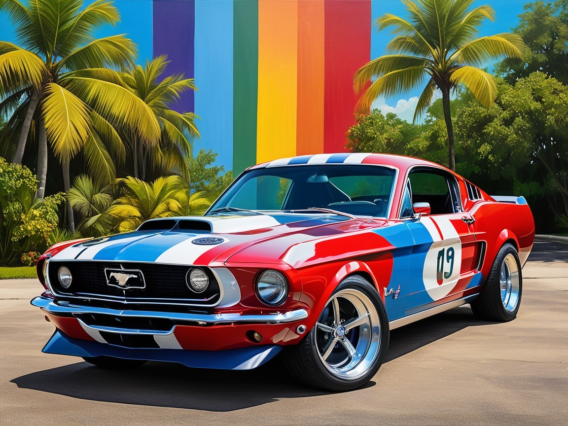 Classic Red, White, and Blue Vintage Car in Tropical Setting