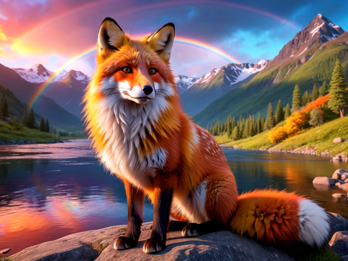 Majestic Red Fox on Rocky Shoreline with Rainbows
