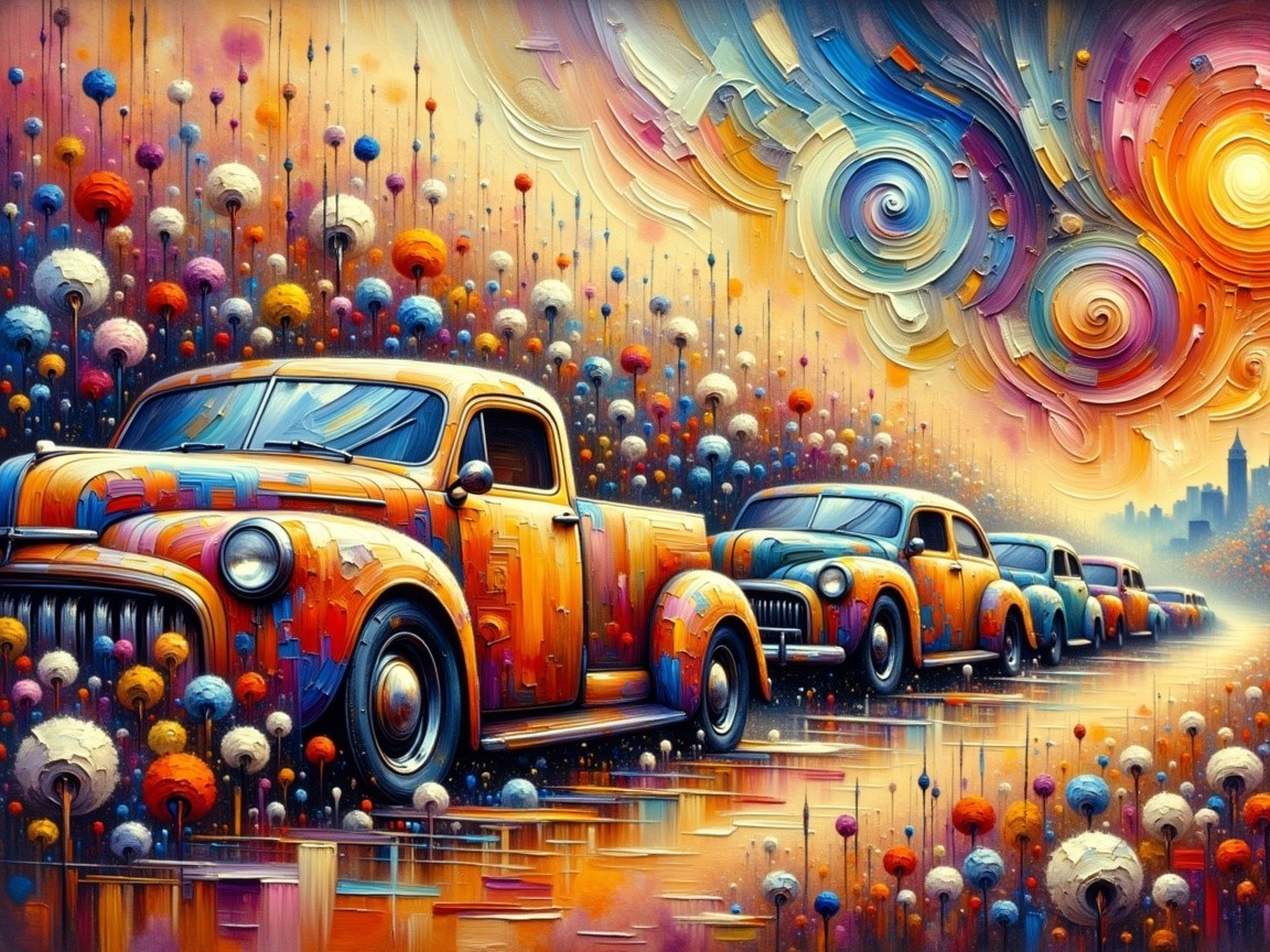 Colorful Vintage Trucks in a Surreal Landscape