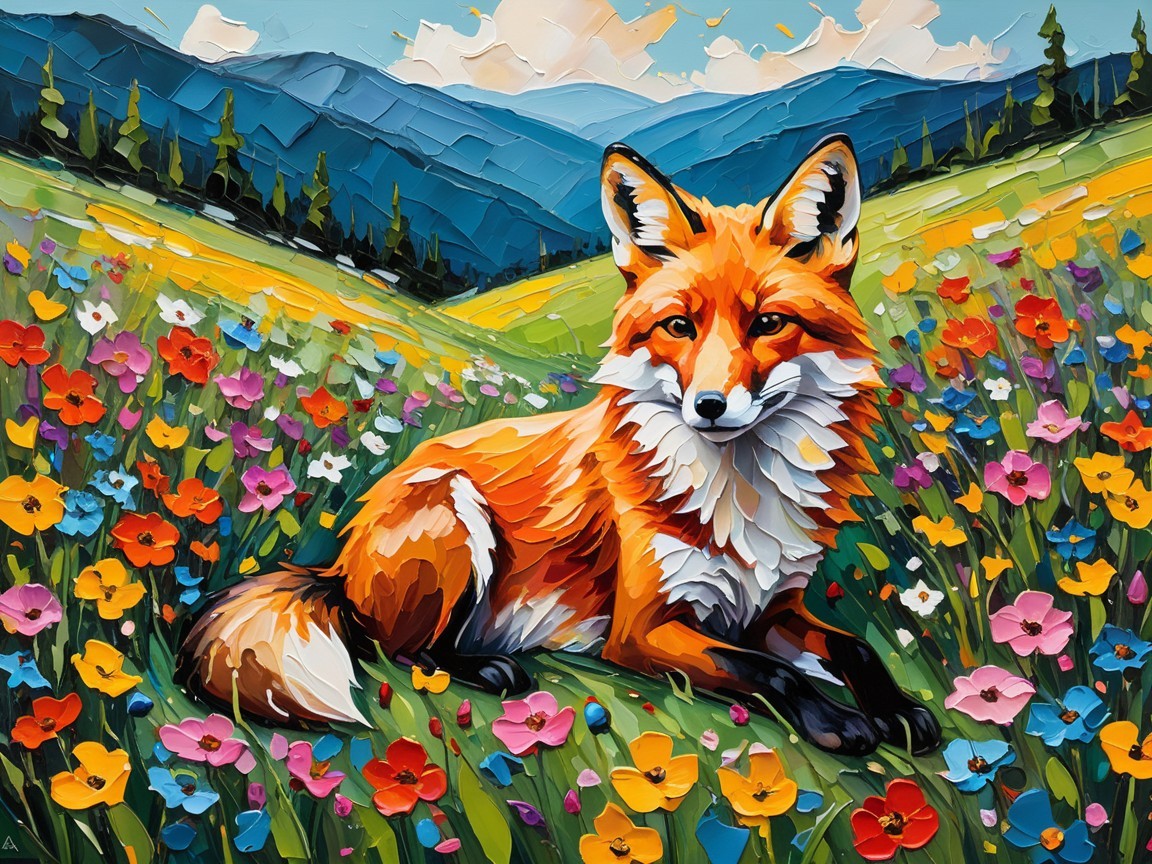 Impressionistic Painting of a Fox in a Meadow