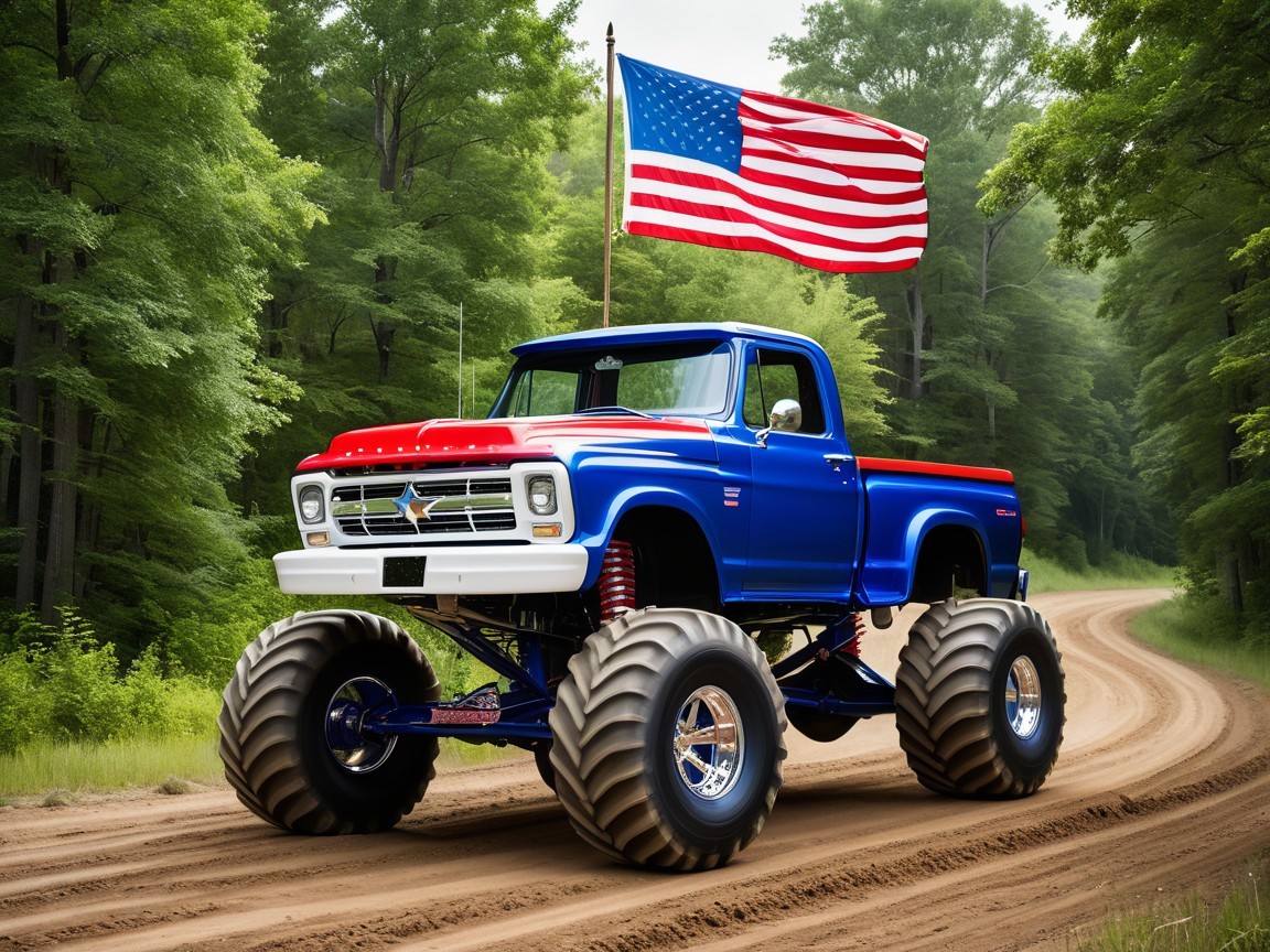 Classic Pickup Truck on Dirt Road with American Flag