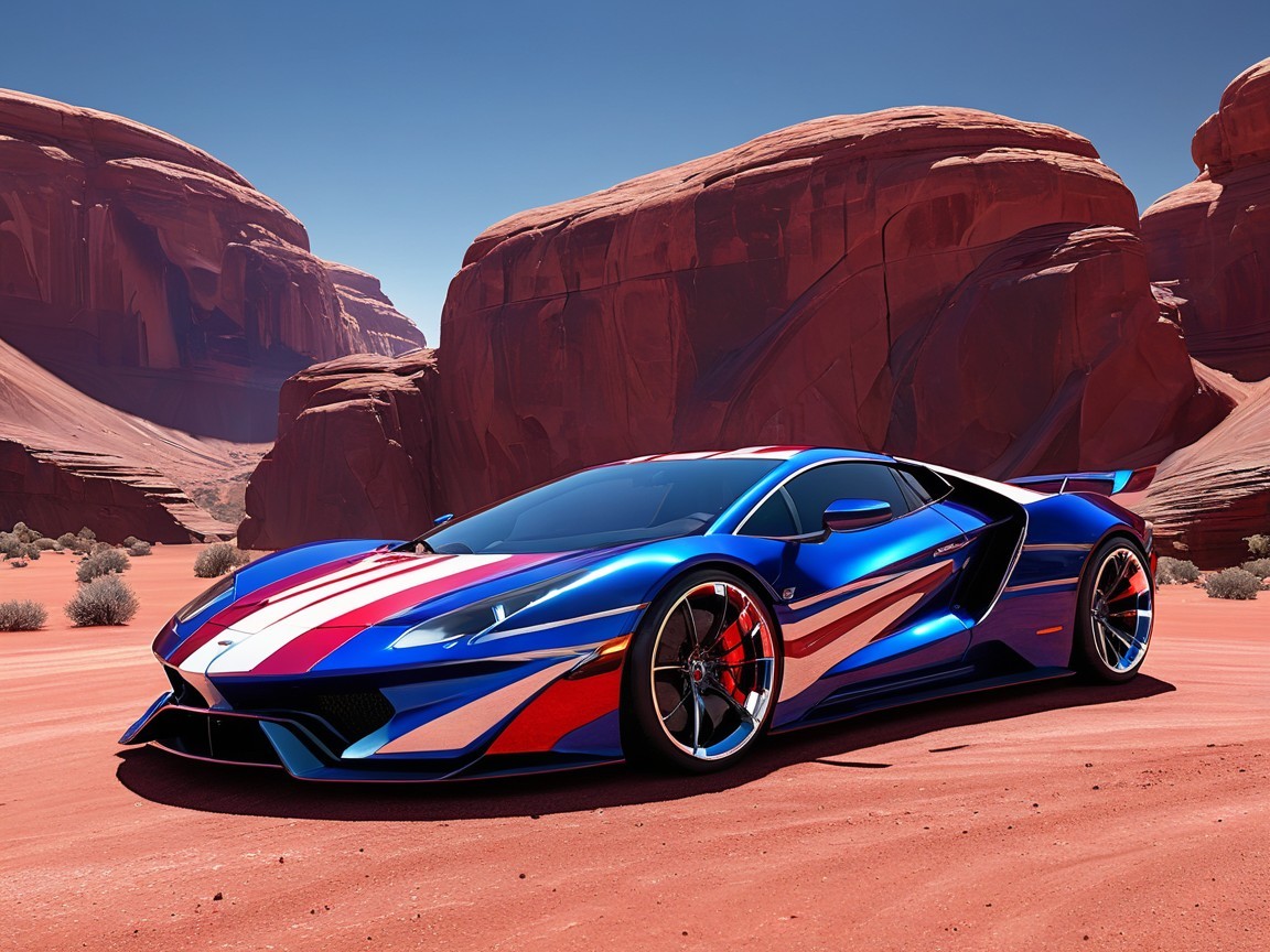 Customized supercar in a red rock landscape