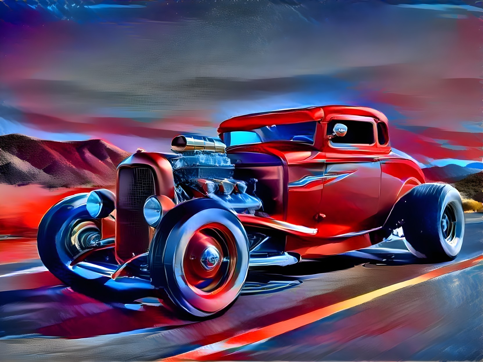 Vibrant Red Classic Hot Rod on Desert Highway