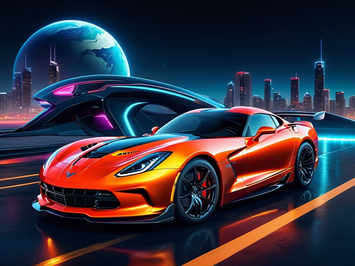 Futuristic Orange Sports Car on Glowing Sci-Fi Road