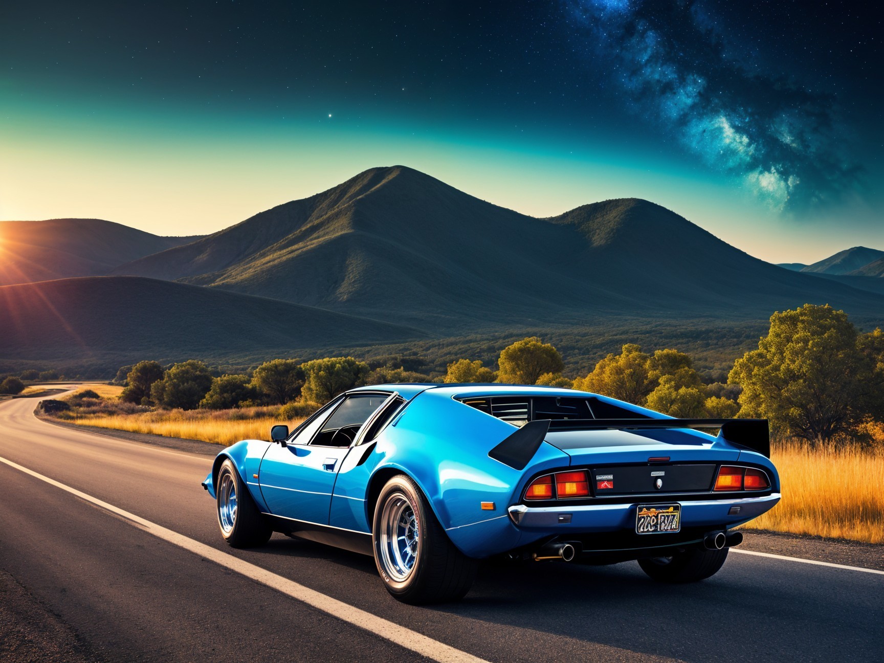 Sleek Blue Sports Car on Winding Road at Sunset