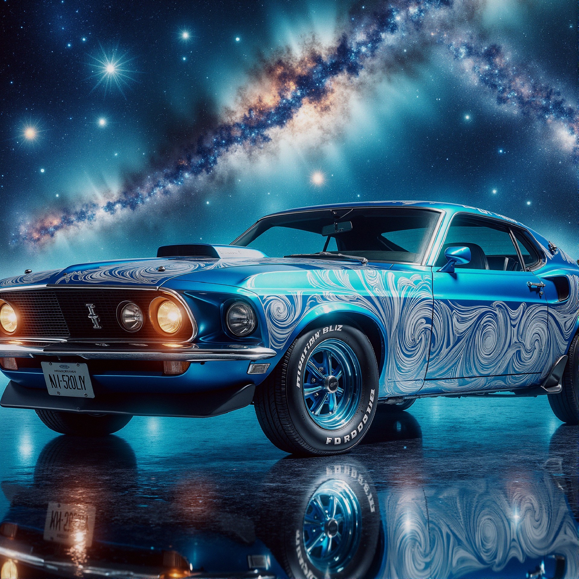 1969 Mustang in Vibrant Blue with Cosmic Backdrop