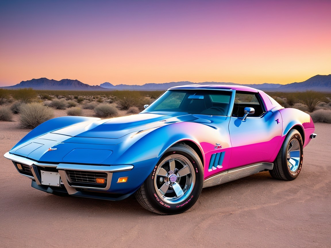 Vibrant Corvette with Gradient Paint in Desert Sunset