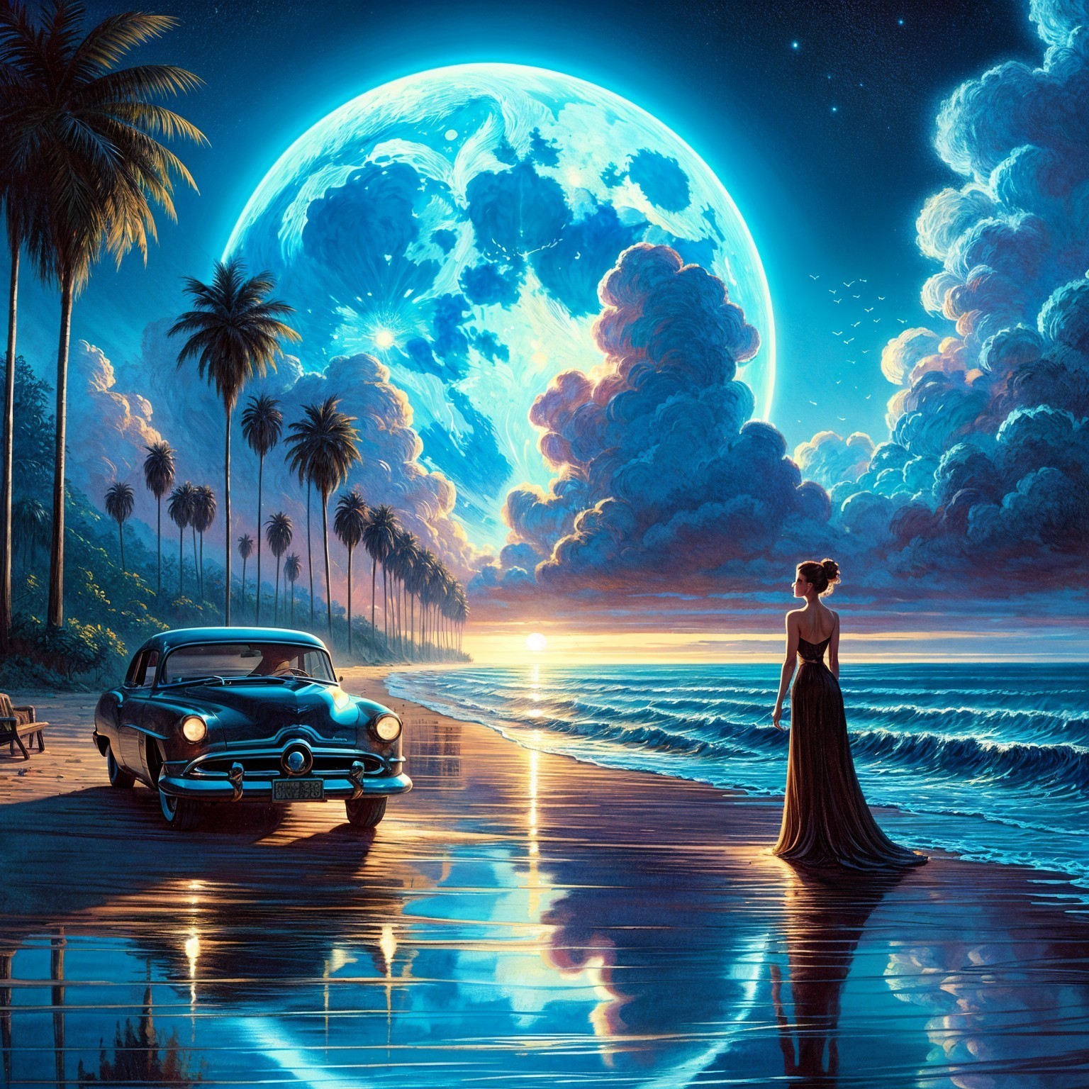 Twilight Beach Scene with Blue Moon and Palm Trees