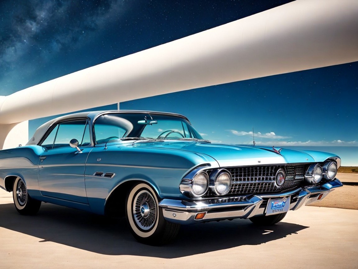 Vintage Blue Car with Chrome Accents Under Clear Sky