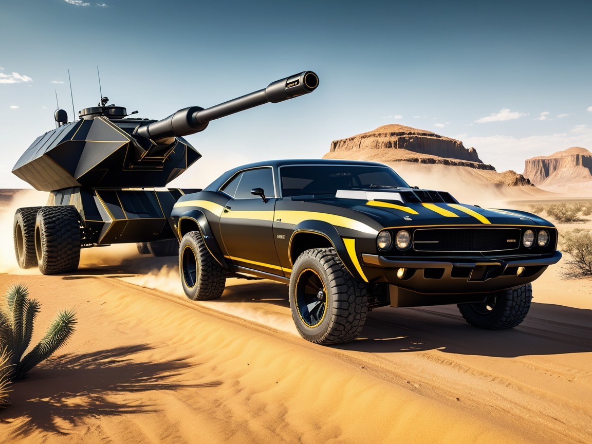 Black Muscle Car and Tank in Desert Landscape