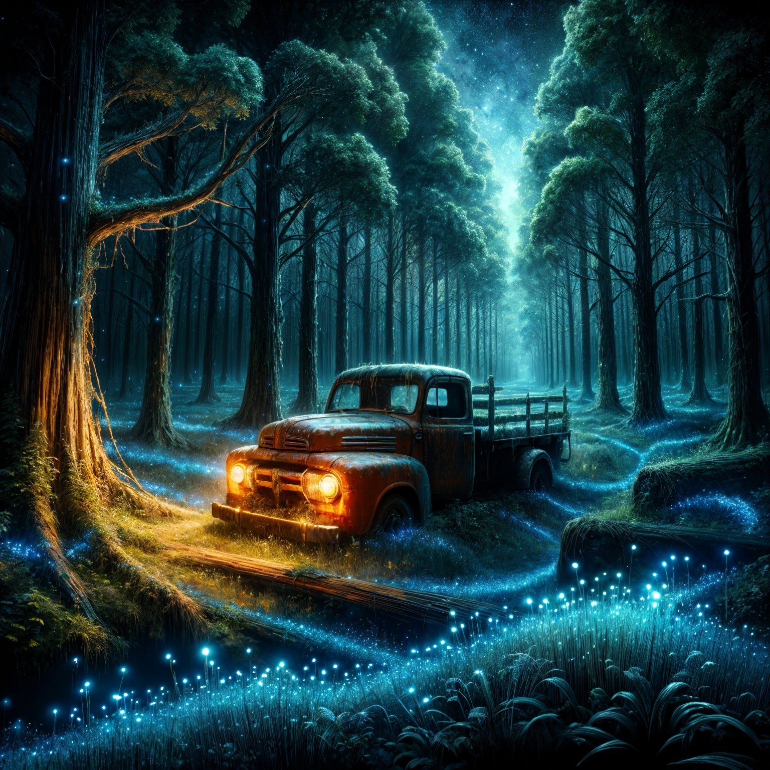 Old Truck in Mystical Forest with Glowing Path