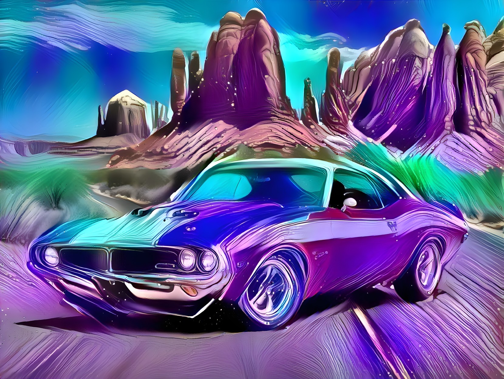 Vibrant Classic Car on Winding Road with Rock Formations