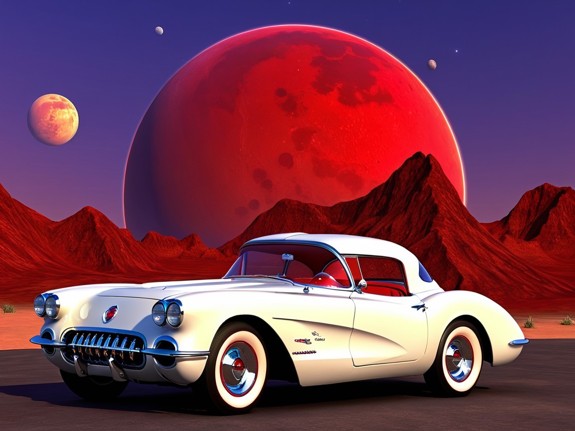 White Corvette in Surreal Extraterrestrial Landscape
