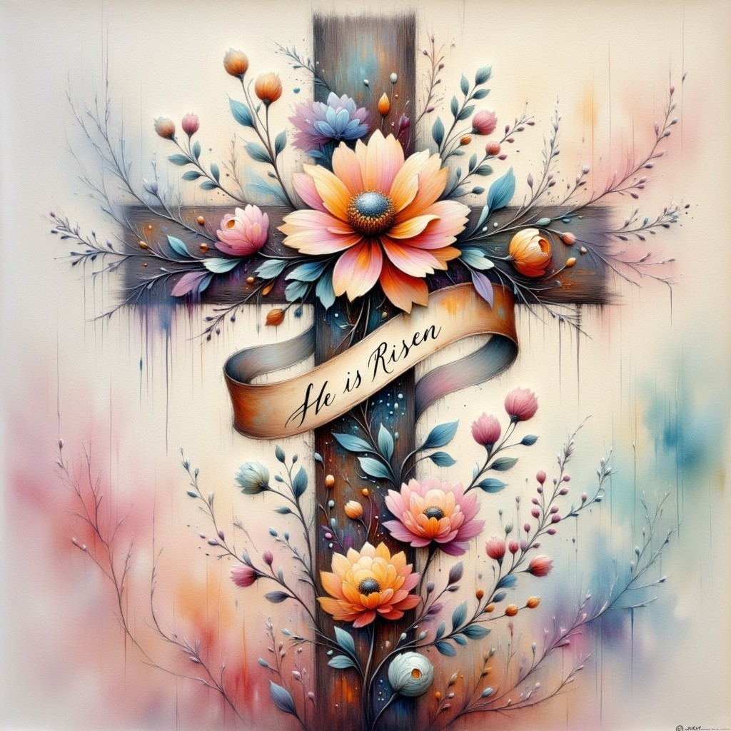 Wooden Cross with Floral Arrangements and Ribbon Phrase