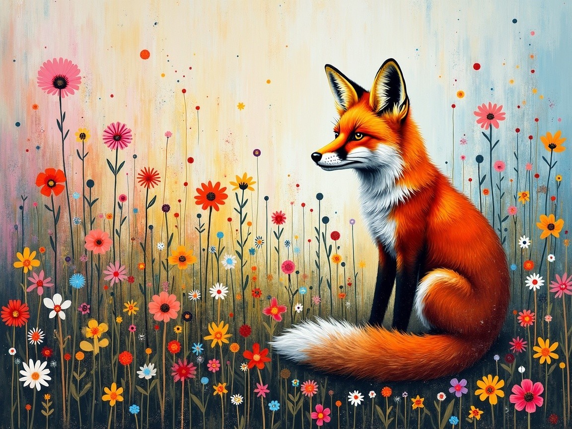 Majestic fox in a colorful flower field illustration
