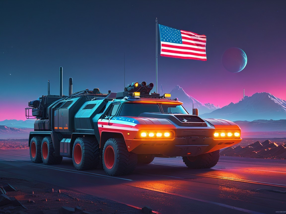 Futuristic Armored Vehicle in Alien Landscape at Twilight