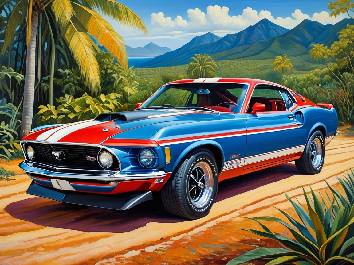 Artistic depiction of a classic 1970 Mustang in nature