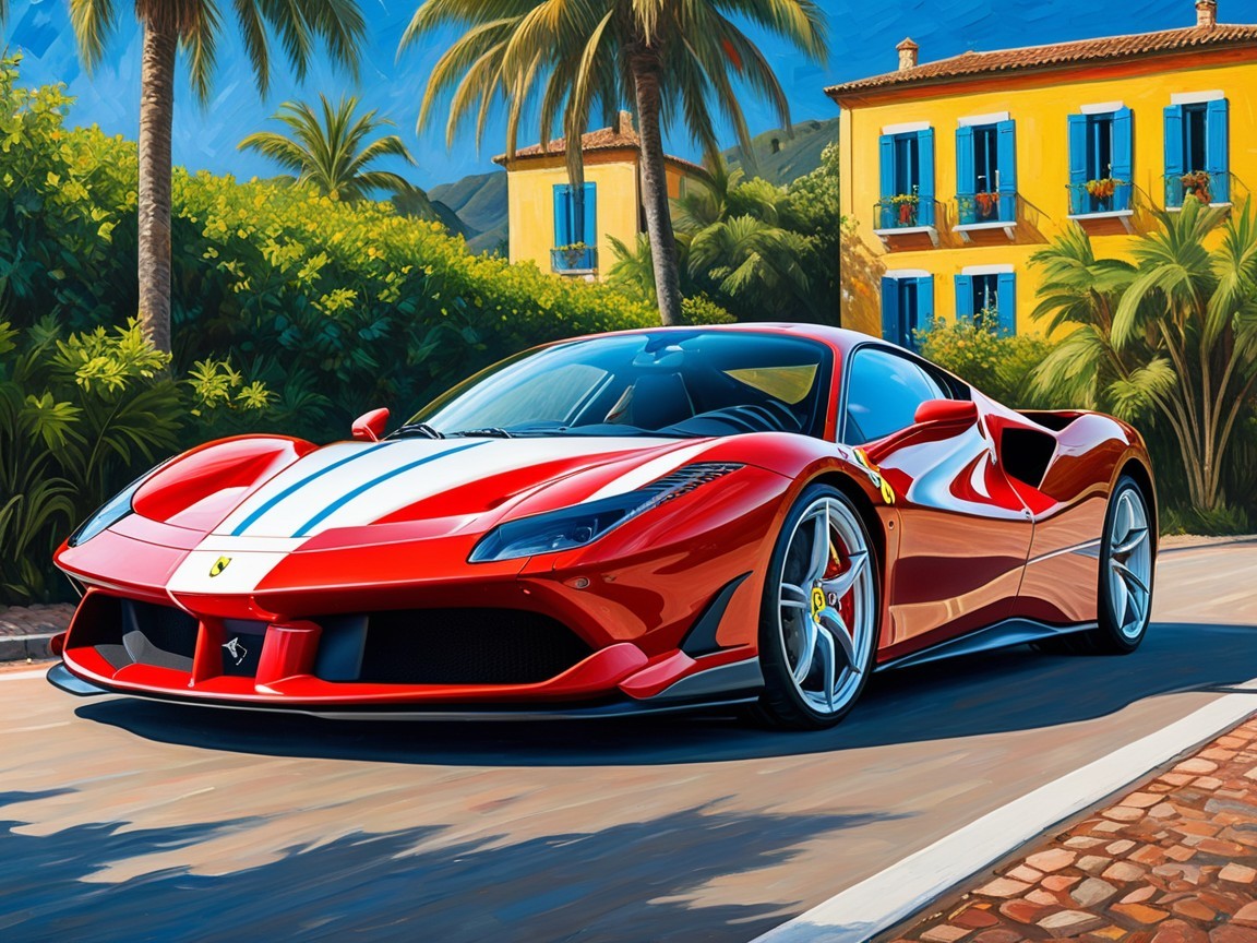 Vibrant Red Ferrari in Tropical Street Setting