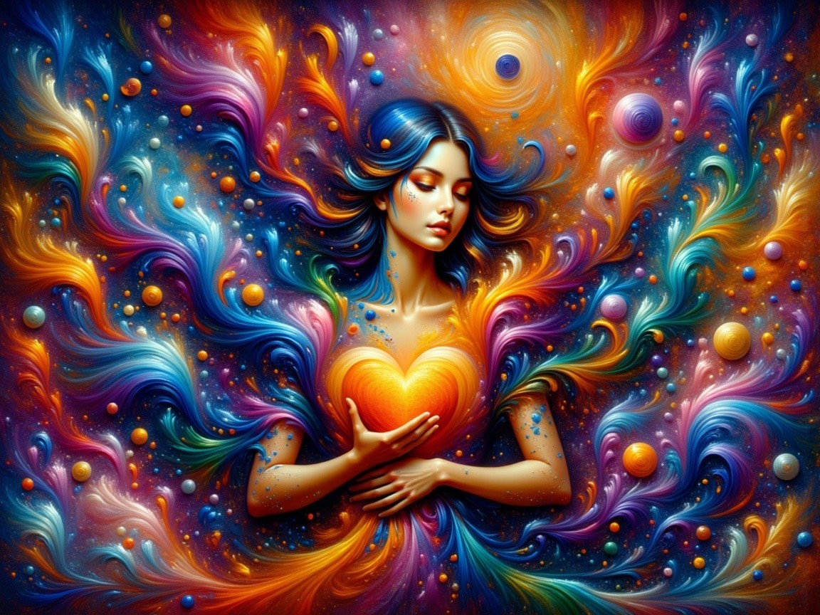 Ethereal Figure Surrounded by Vibrant Colors and Patterns