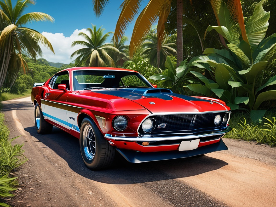 Vintage Muscle Car on Tropical Road with Palm Trees