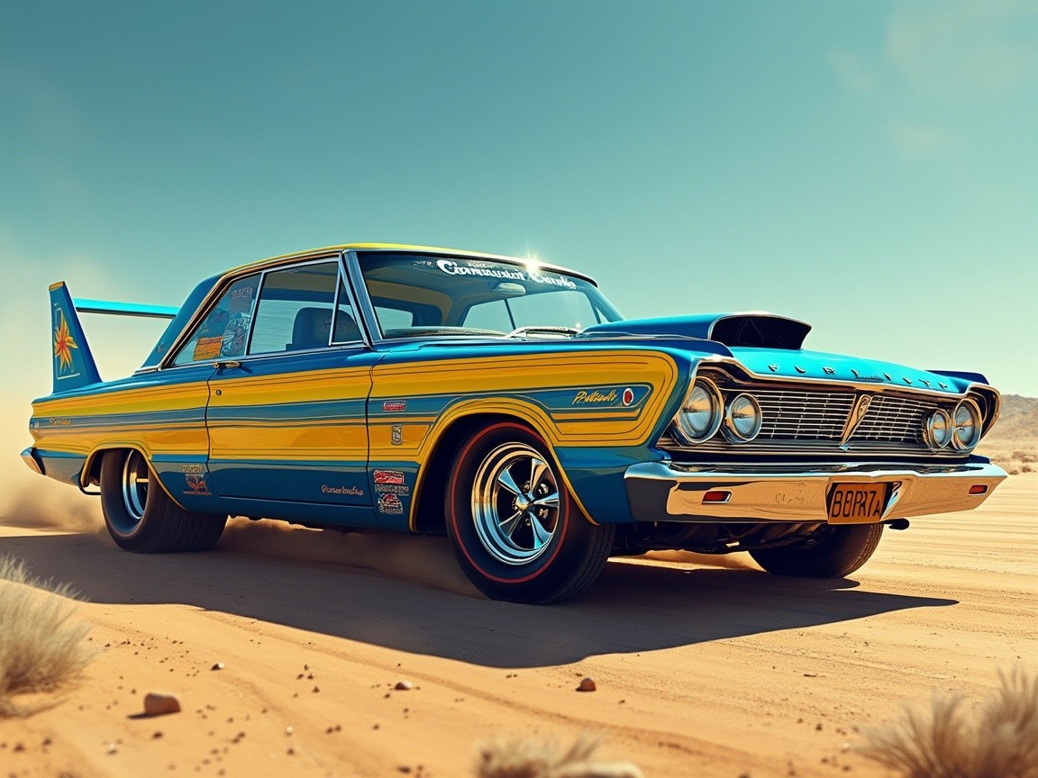 Mid-20th Century Classic Car in Blue and Yellow
