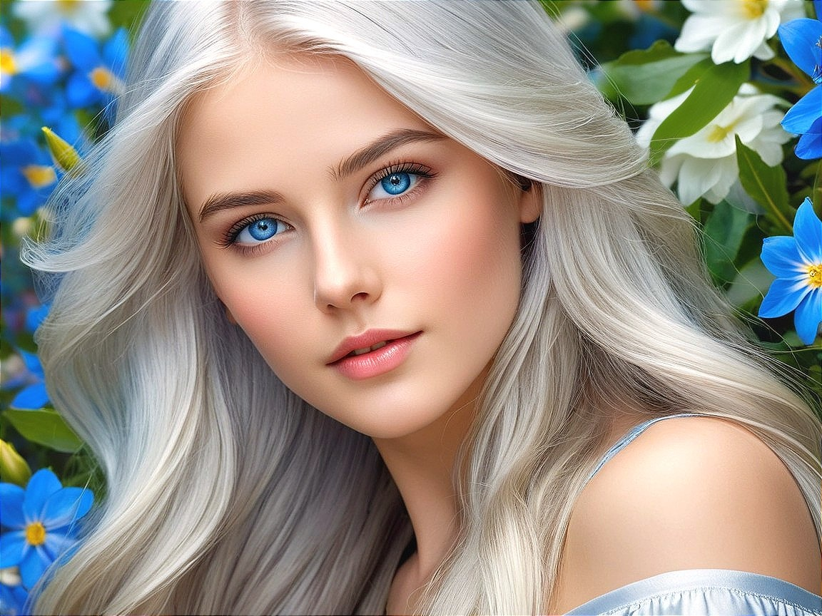 Young woman with platinum hair in a lush setting