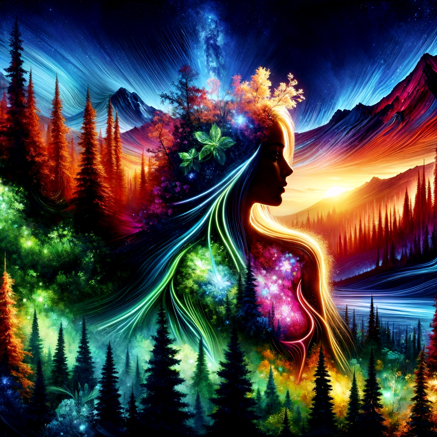 Surreal Landscape with Woman and Colorful Nature Elements