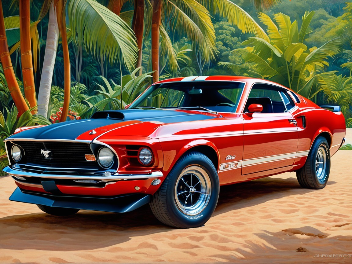 1970 Ford Mustang on a Beach with Palm Trees