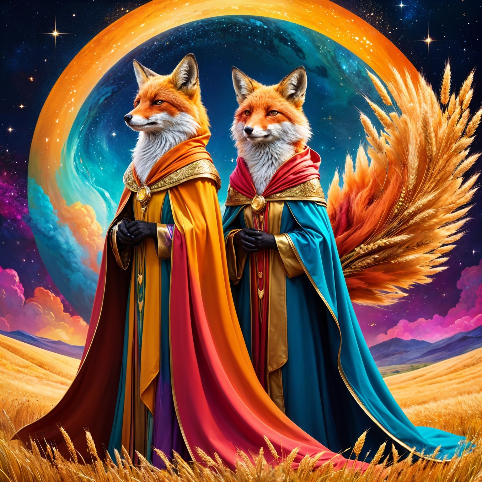 Majestic foxes in cosmic landscape with vibrant colors