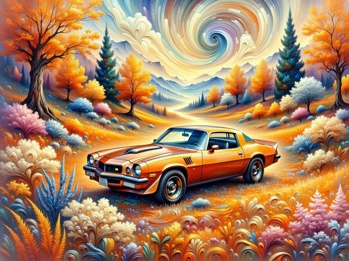 Vibrant Autumn Landscape with Retro Orange Car