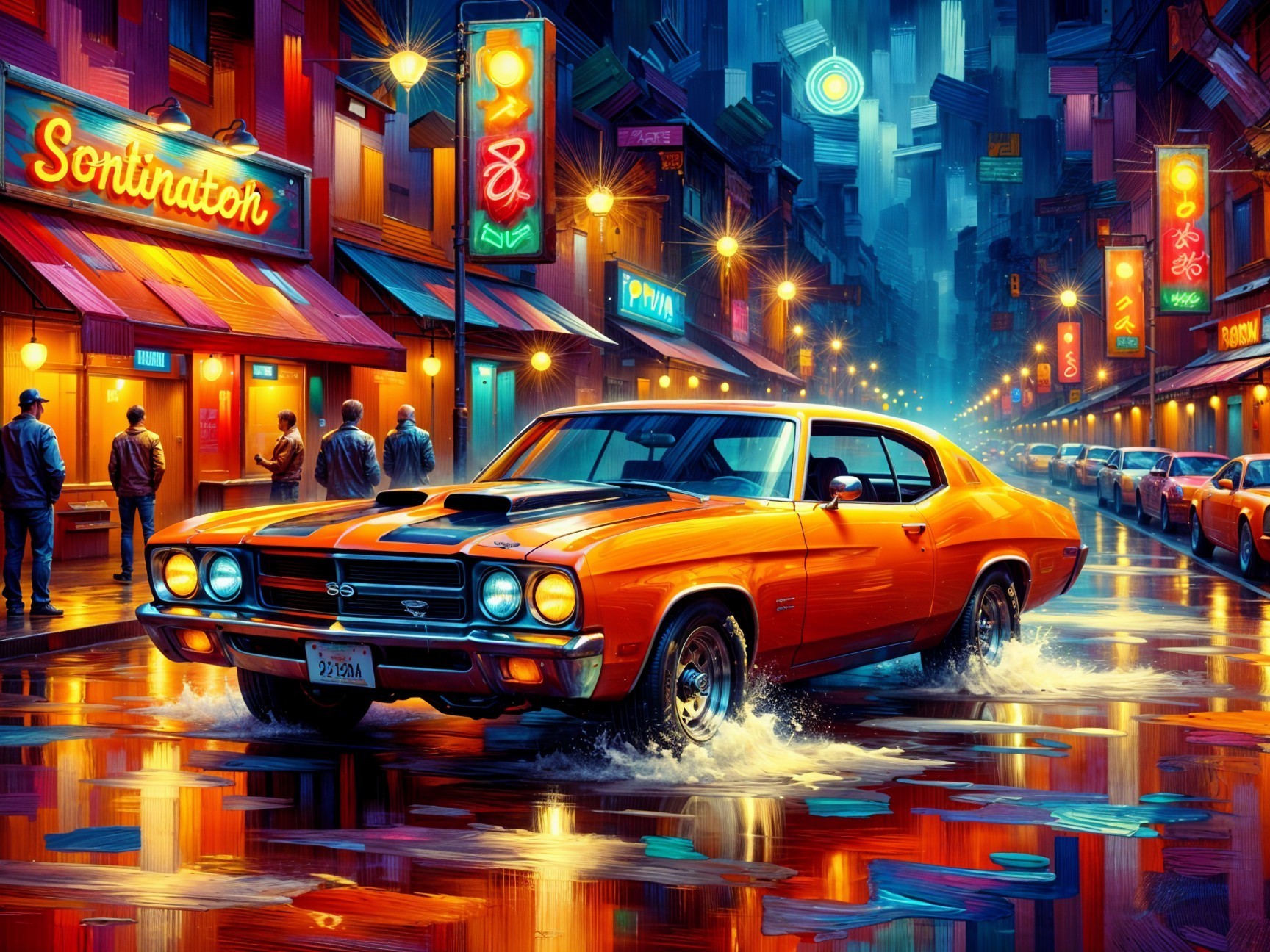 Vibrant City Street with Neon Lights and Muscle Car