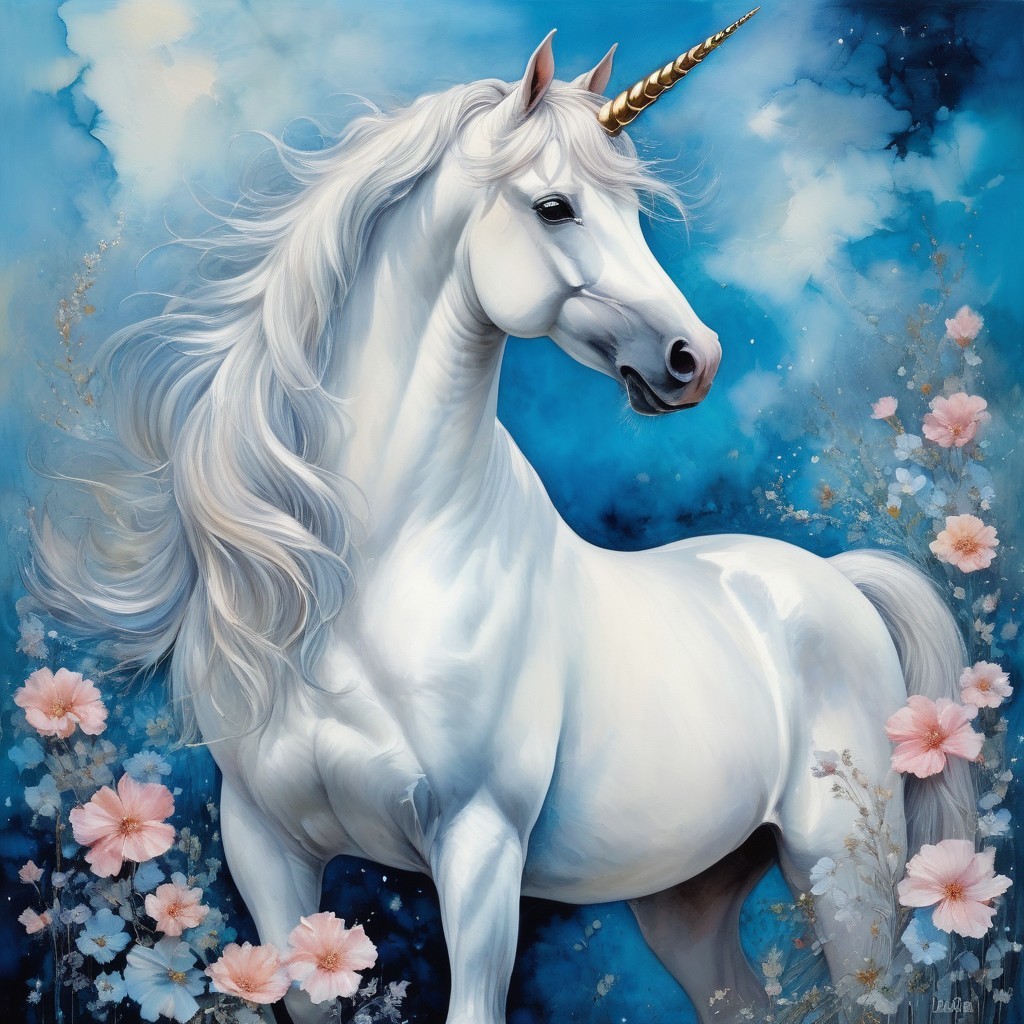 Unicorn with Golden Horn Against Painterly Sky Background