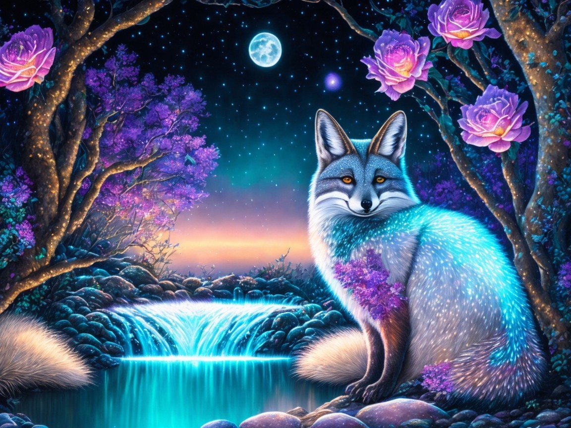 Luminous fox by serene waterfall and vibrant flowers