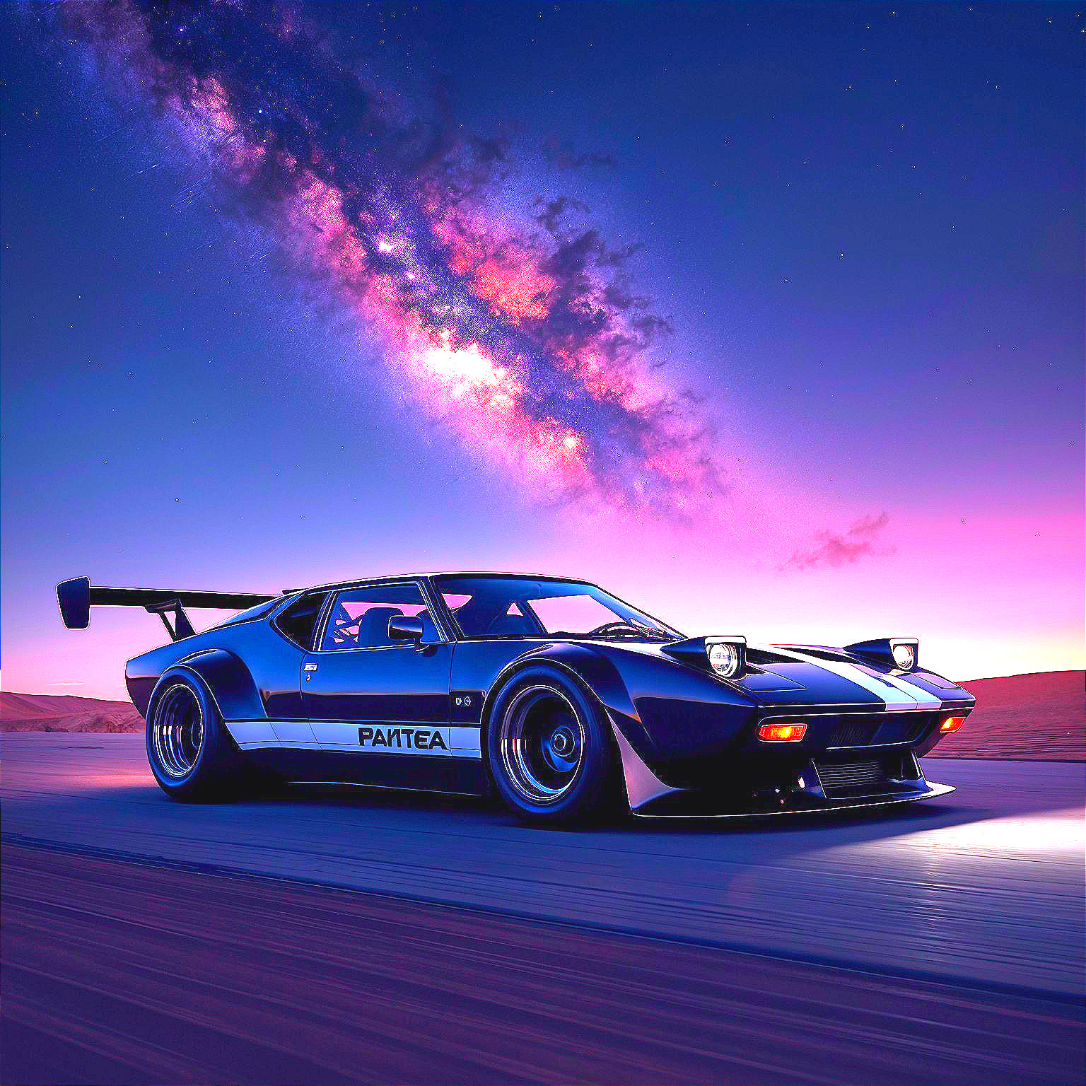 Classic Sports Car in Twilight with Cosmic Background