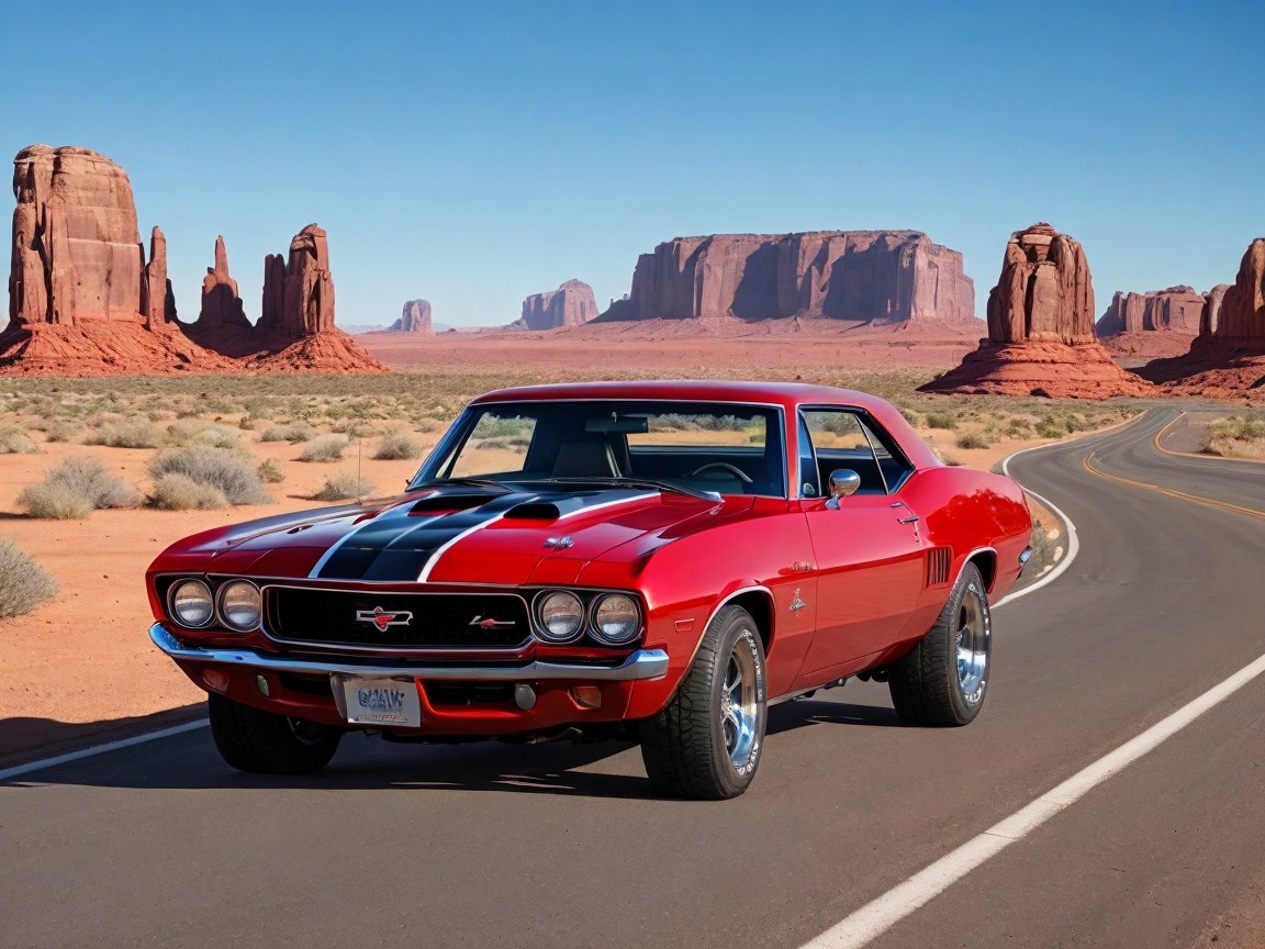 Classic red muscle car on winding road with red rocks