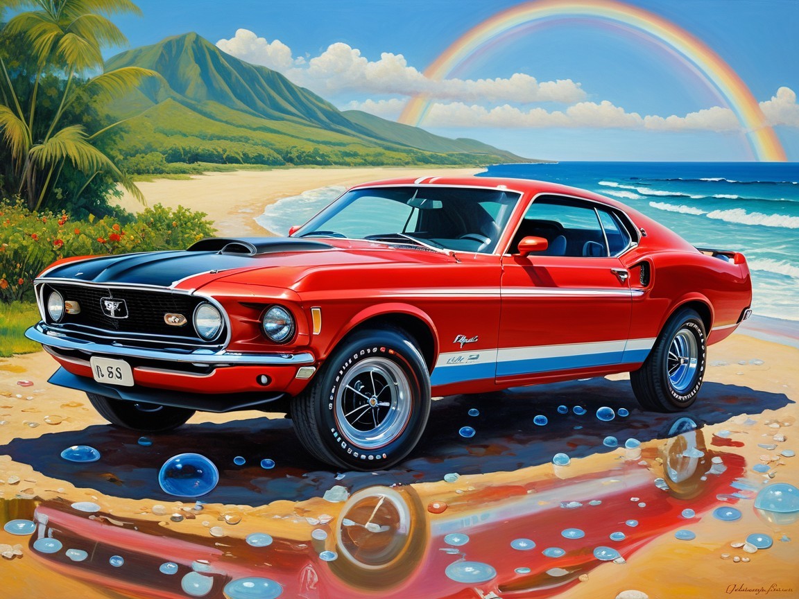 1970 Mustang on Beach with Rainbow and Palm Trees